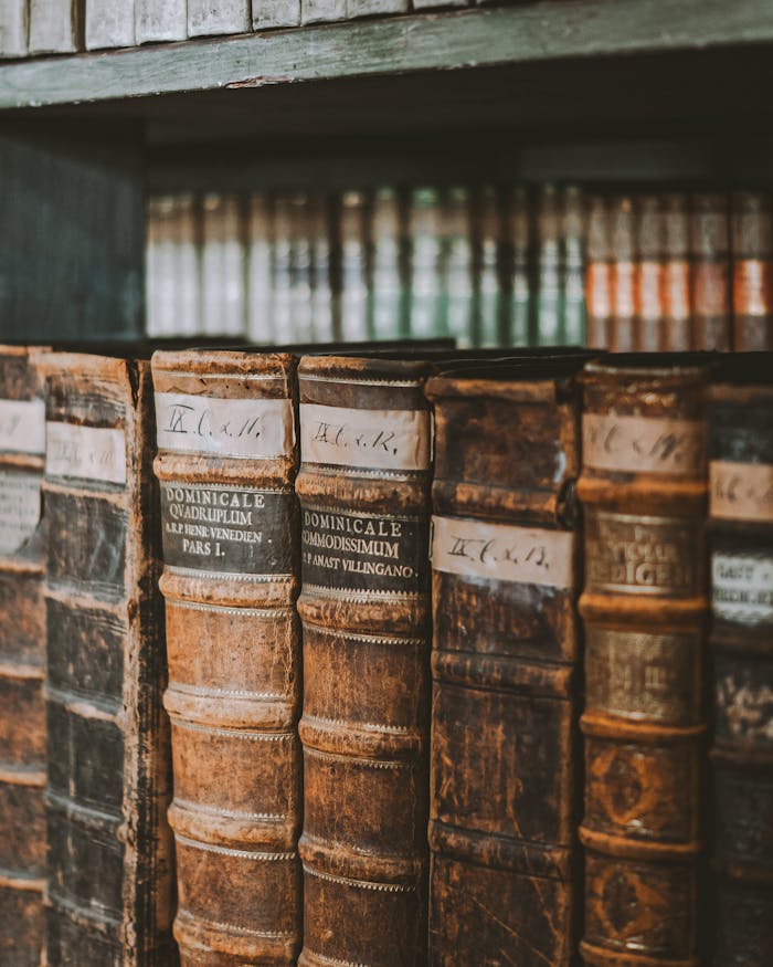 A close-up of antique leather-bound books on wooden shelves in a historic library setting.